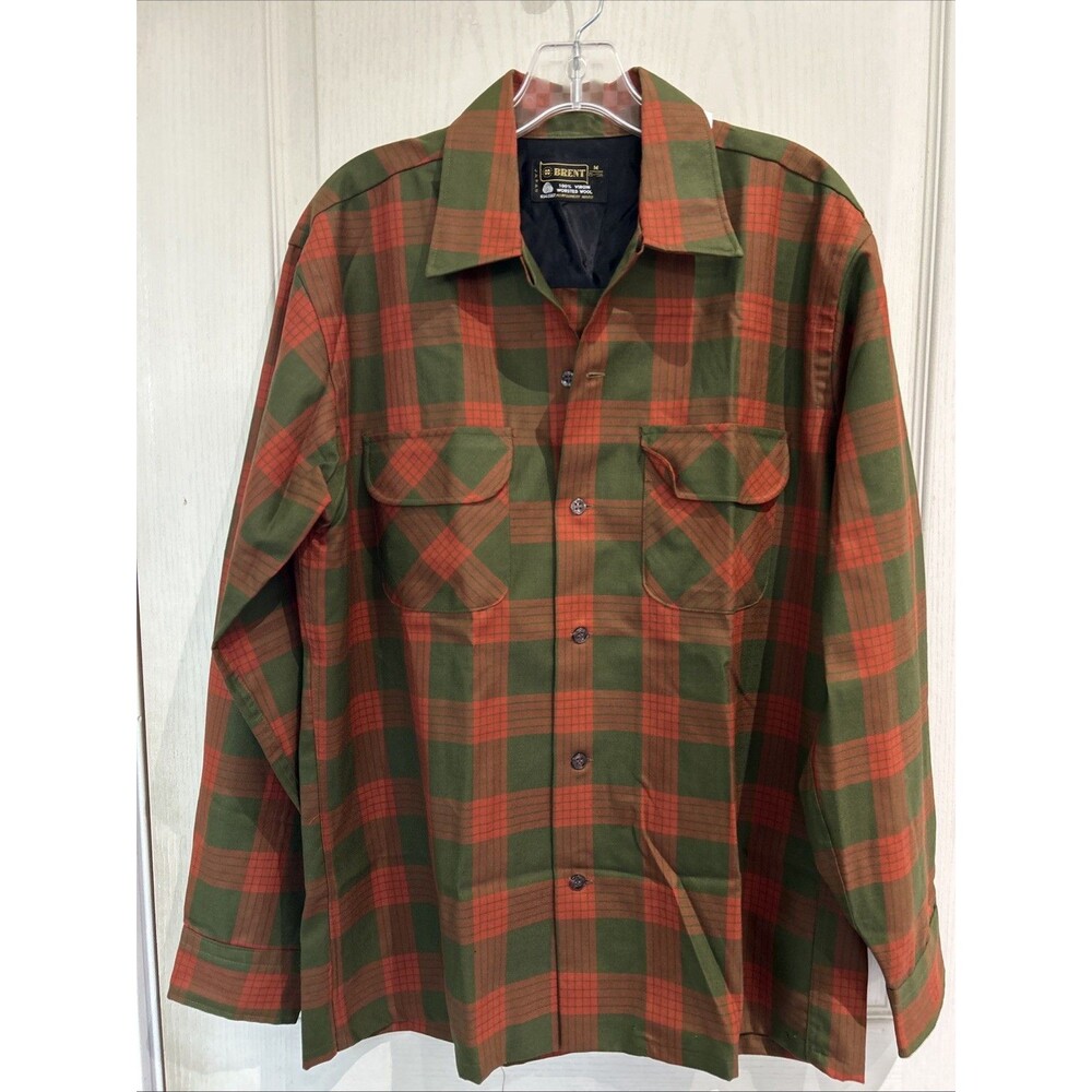 60s NOS BRENT Vintage Loop Collar Wool Flannel Plaid Flap Pocket Blue Orange L - Picture 2 of 11